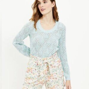 NWT LOFT Pointelle Pullover Sweater Scoop Neck Women's Size XS Clear Aqua Cotton